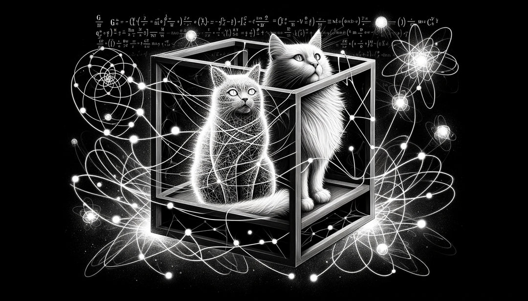 Schrödinger's cat and quantum entanglement. The cat is inside a box, shown in both alive and ghostly