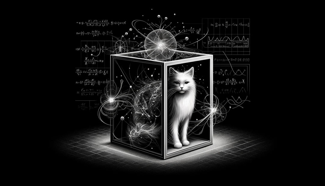 Schrödinger's cat and quantum entanglement. The cat is inside a box, shown in both alive and ghostly