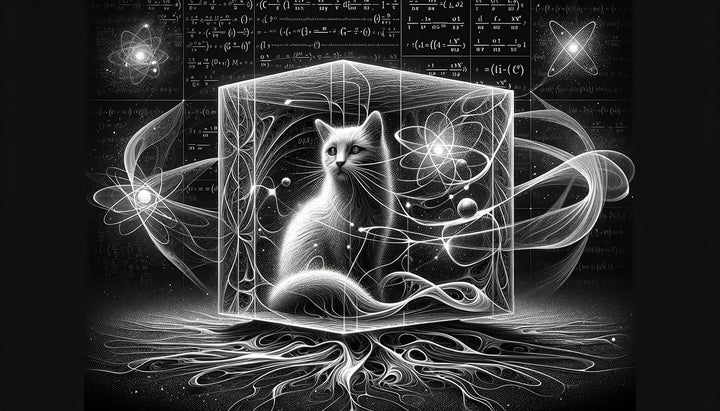 Schrödinger's cat and quantum entanglement. The cat is inside a box, shown in both alive and ghostly