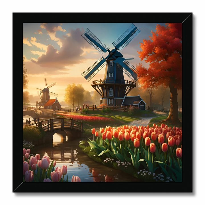 Windmill in Dutch Countryside by River with Tulips