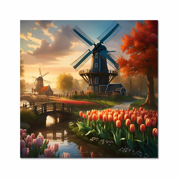 Windmill in Dutch Countryside by River with Tulips