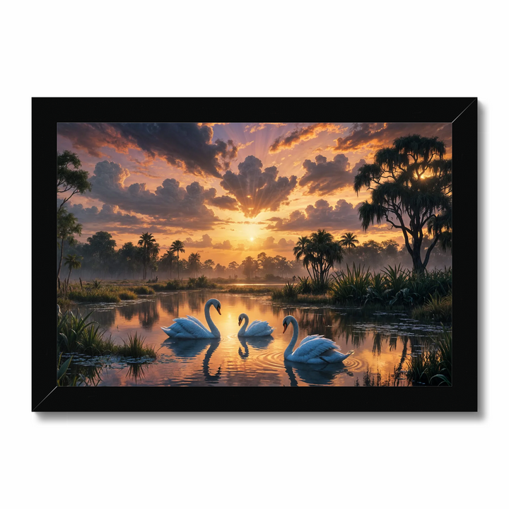 Tranquil Sunset: AI-Generated Artwork of Three Swans.