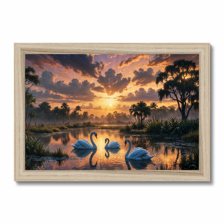 Tranquil Sunset: AI-Generated Artwork of Three Swans.