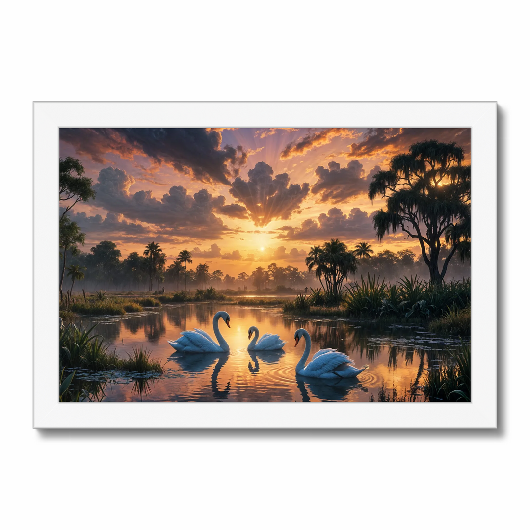 Tranquil Sunset: AI-Generated Artwork of Three Swans.