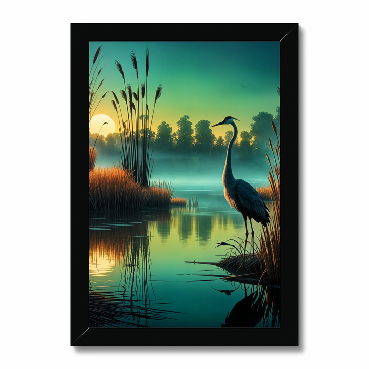 Enchanted Evening: AI-Generated Crane by a Reed-Covered Lake.