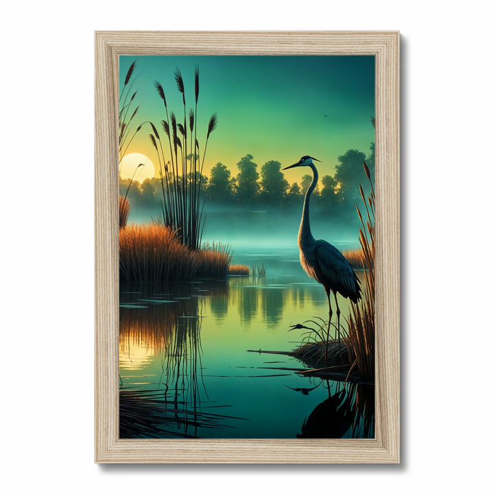 Enchanted Evening: AI-Generated Crane by a Reed-Covered Lake.