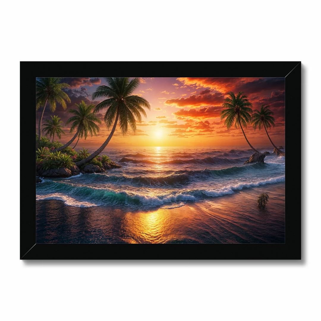 Golden Horizon: Serene Tropical Sunset Over Majestic Ocean Waves