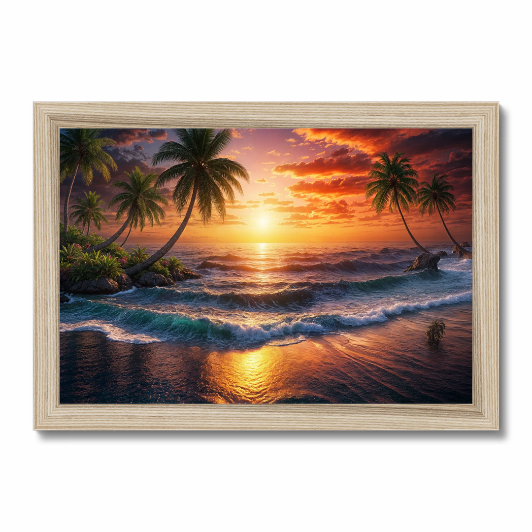 Golden Horizon: Serene Tropical Sunset Over Majestic Ocean Waves