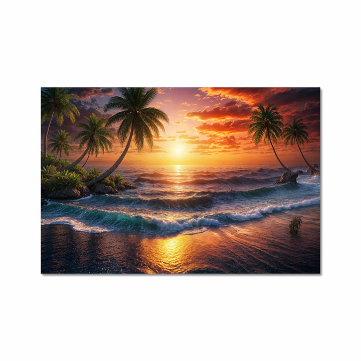 Golden Horizon: Serene Tropical Sunset Over Majestic Ocean Waves