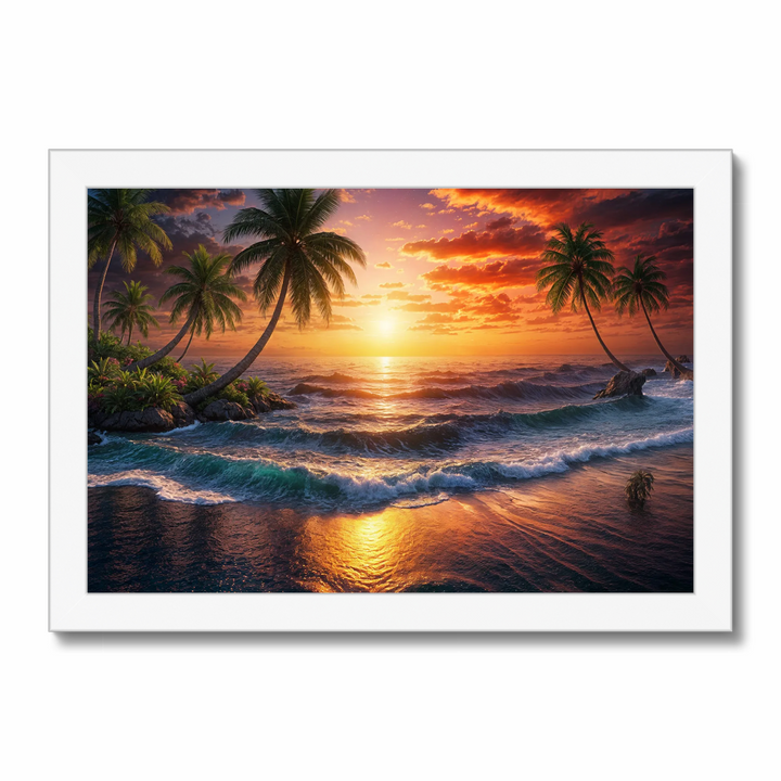 Golden Horizon: Serene Tropical Sunset Over Majestic Ocean Waves