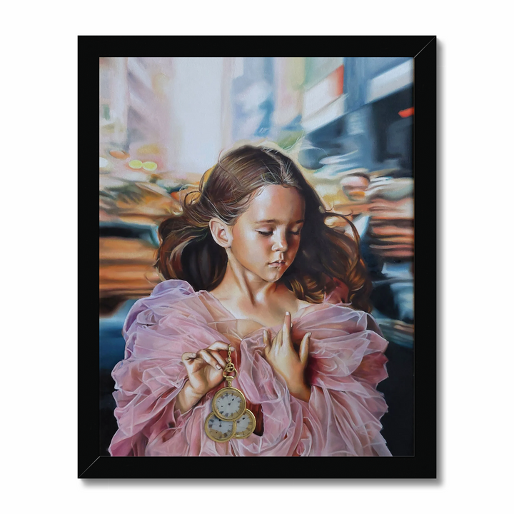 Little girl dressed in pink standing in an urban crowd holding some clocks