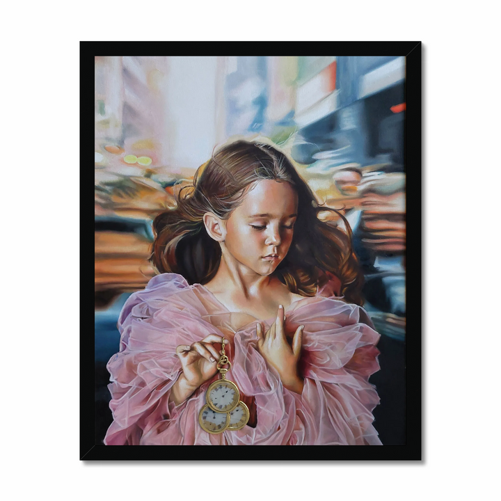 Little girl dressed in pink standing in an urban crowd holding some clocks