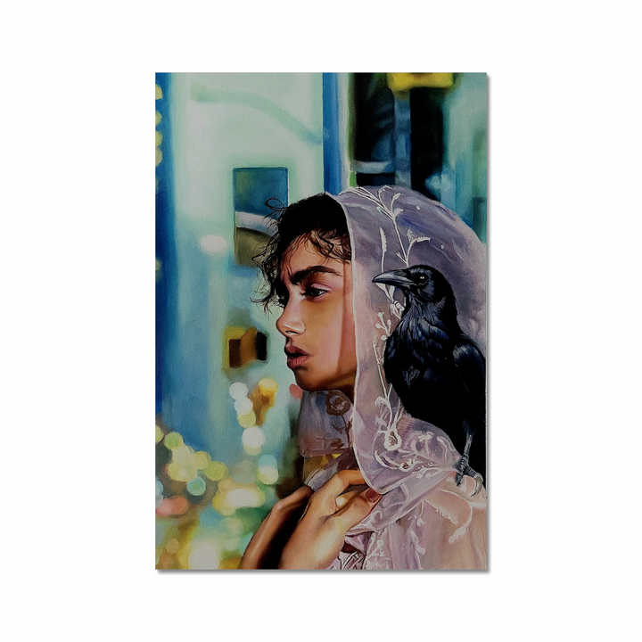 Veiled woman with raven in city lights