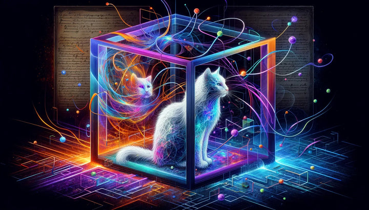 Schrödinger's cat and quantum entanglement. The cat is inside a box, shown in both alive and ghostly